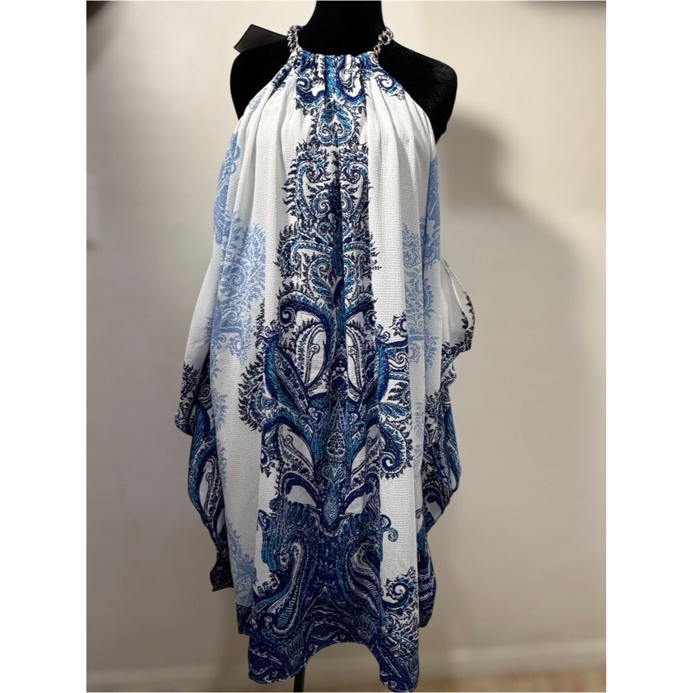 Premier Amour NWT Blue Paisley Cold Shoulder Chain Neck Dress Size 10